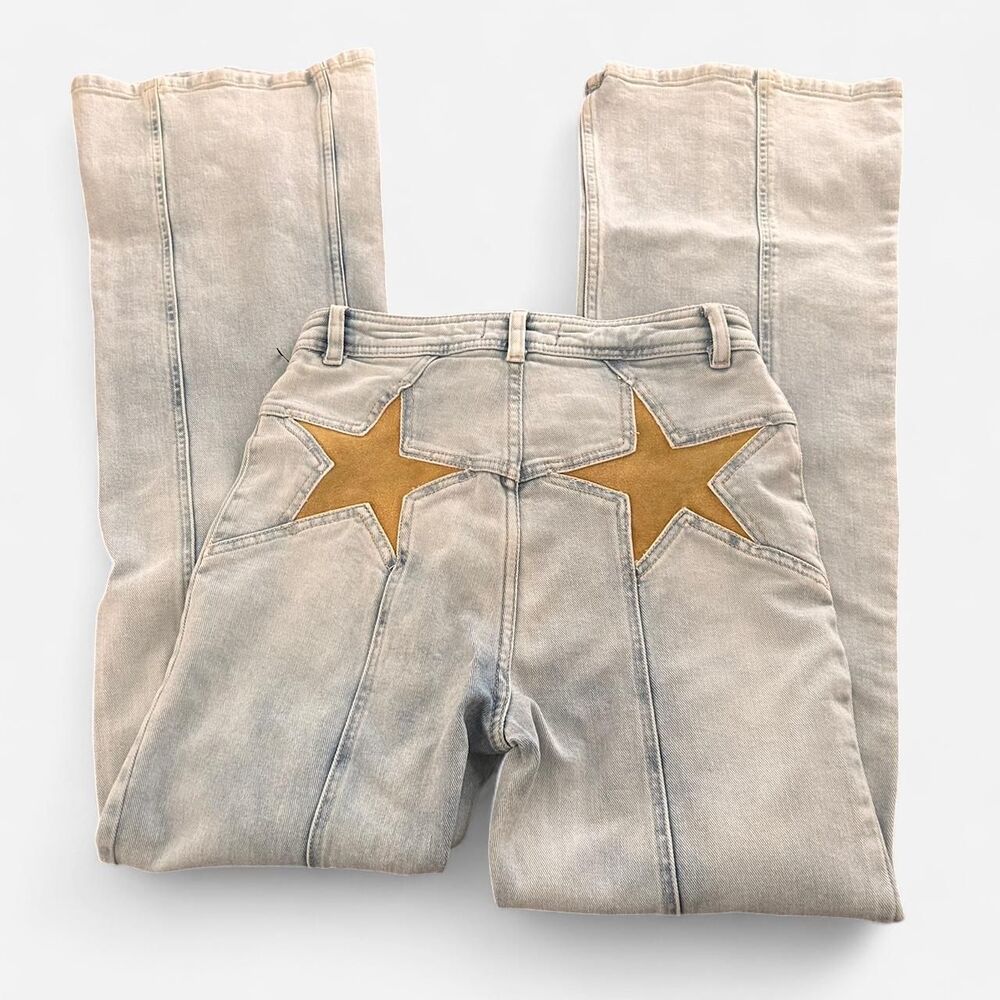 Free People firecracker Light Blue Flare Jeans with mustard yellow Star